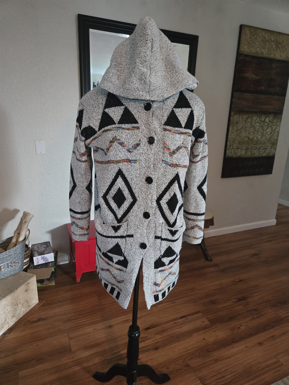 Hooded Aztec-Pattern Trench Coat - Gray - Picture 1 of 2